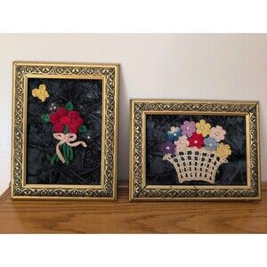 Vtg Pair Of Framed Crochet Flowers On Crushed Velvet Granny Core-Cottage Core